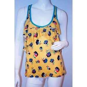 RUE 21 Yellow Aqua FLORAL Ruffles RACERBACK Rayon TANK Top SHIRT 100% Rayon S
